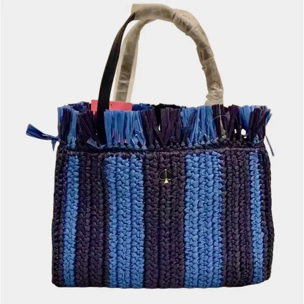 NWT Kate Spade Sam Blue & Navy Striped Straw Medium Satchel